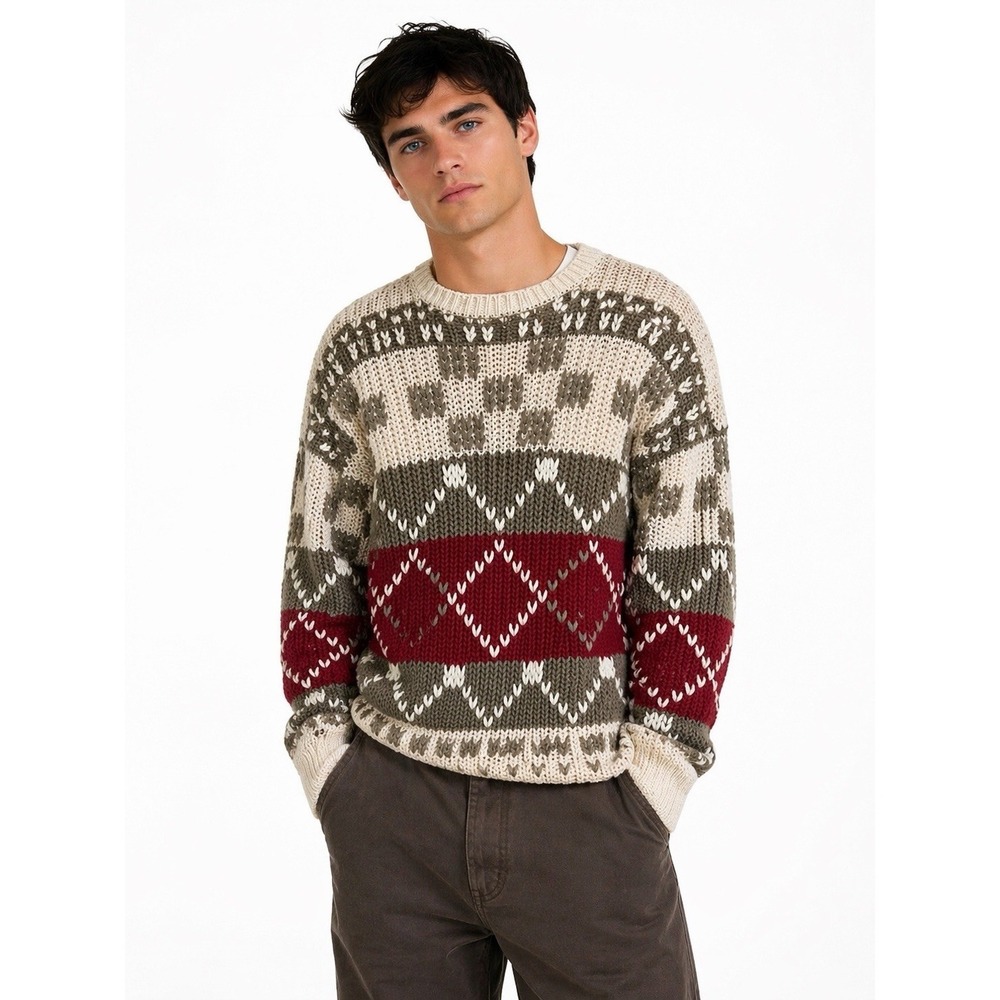 Vtg Pattern Knit Sweater L Chunky Fair Isle Colorful Cabin Grandpa Hong Kong
